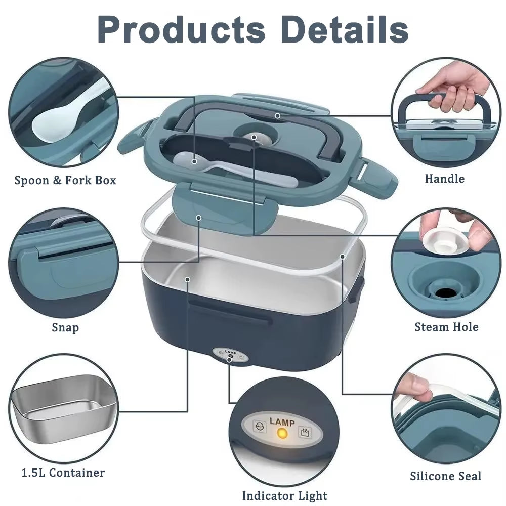 Electric Heated Insulated Lunch Box with Removable Stainless Steel Container, Portable Food Warmer for Car Office School